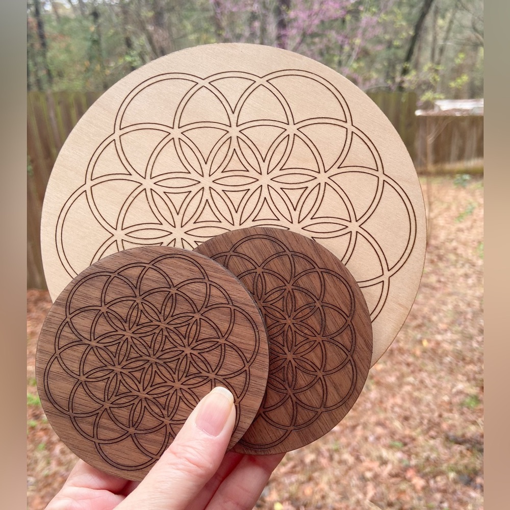 3 Round Wooden Crystal Grids for Manifesting, Directing Energy, Meditation